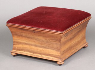 A Victorian square rosewood ottoman of waisted form, the lid upholstered in red plush material, raised on bun feet 40cm h x 68cm 
