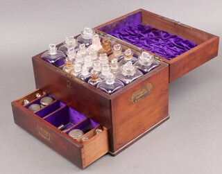 A 19th century mahogany apothecaries cabinet, the upper section fitted 23 square cut bottles, the base fitted a drawer with scales, weights, bottles etc, the cabinet with brass countersunk handles 24cm h x 30cm w x 22cm d 