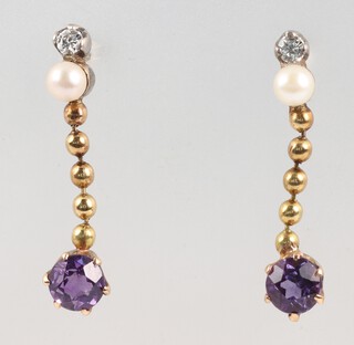 A pair of 9ct gold drop earrings, each set a diamond, pearl and amethyst, 2.5cm long
