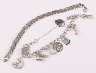 A silver curb link charm bracelet hung 9 charms and a flat link bracelet 17cm, 34 grams 