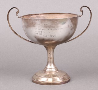 A silver twin handled trophy cup Birmingham 1929, inscribed, 13cm h, 156g