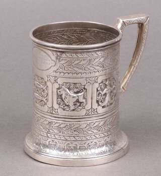 A Victorian embossed silver christening tankard, decorated signs of the Zodiac decoration and engraved Frances, Glasgow 1888, by George Edwards & Sons, 143g 