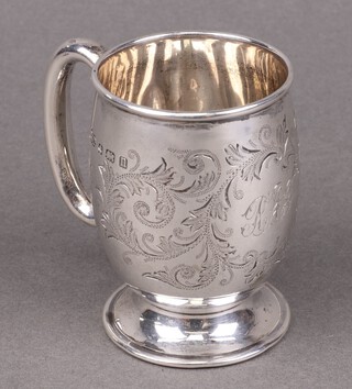 A silver christening tankard with engraved decoration, monogrammed, Birmingham 1912 by Joseph Gloster Ltd., 64g 