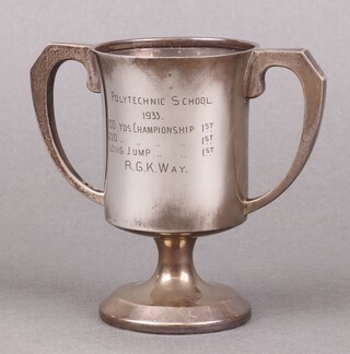 A silver twin handled trophy cup Birmingham 1932, engraved Polytechnic School 1933, 104g 