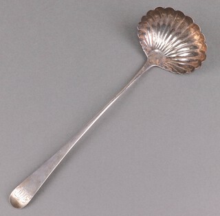 A Georgian silver Old English pattern ladle with scallop shaped bowl, monogrammed, London 1784 by William Sumner I, 152g 
