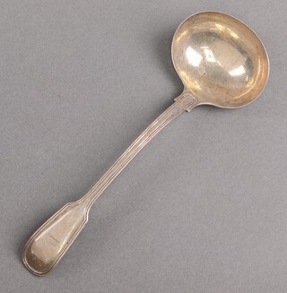 A Victorian silver fiddle and thread pattern sauce ladle with armorial decoration, London 1842 by H J Lias & Sons, 79g 