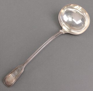 A William IV silver fiddle and thread pattern ladle with armorial decoration London 1835 by Mary Chawner, 278g