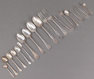 A silver 2 piece christening set with fork and spoon, Sheffield 1911 by Hooper Brother & Sons, a silver fork, 3 pairs of silver tongs and minor silver flatware, 168g, together with 3 silver plated spoons and 2 silver plated salt spoons