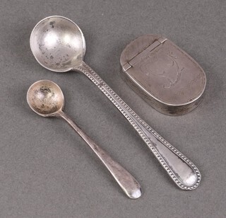 A Georgian oval silver box with engraved decoration 3cm, Birmingham 1798 by Samual Pemberton together with 2 silver salt spoons 