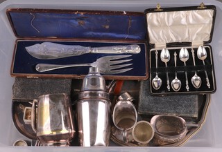 A silver plated salver with bracketed border, an Art Deco style silver plated twin handled salver, cocktail shaker, 2 cased sets of apostle spoons and other plated items 