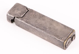 A Longfellow silver plated lighter (roller to top missing), monogrammed to side 