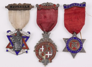 Three silver gilt and enamel Masonic Royal Arch chapter founders jewels - Progress Chapter no. 1768, Bromley St Leonards no. 1803 and East of Mornington no. 2000, 71 grams gross 