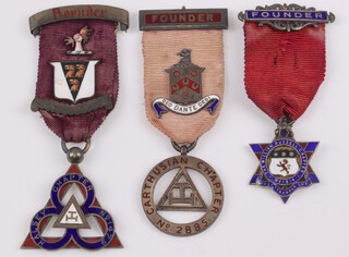 Three silver gilt and enamel Masonic Royal Arch chapter founders jewels - Carthusian Chapter no. 2855, William Russell Chapter no. 1314 and Halsey Chapter no. 1479, 67 grams gross 