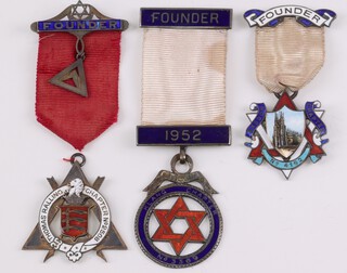 Three silver gilt and enamel Masonic Royal Arch chapter founders jewels - Klang Chapter no. 3369, Thomas Ralling no. 2508 and Wadon no. 4162, 61 grams gross 