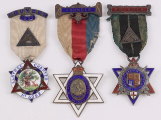 Three silver gilt and enamel Masonic Royal Arch chapter founders jewels - Black Heath Chapter no. 1320, London Rifle Brigade Chapter no. 1962 and Elstree Chapter no. 1392, 82 grams gross 