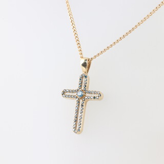 A 9ct gold cross shaped pendant set blue diamonds, hung on a 9ct gold chain  cross pendant and 9ct gold chain, 46cm, 3.6 gross