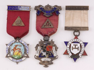 Three silver gilt and enamel Masonic Royal Arch chapter founders jewels - West Watford Chapter no. 6492, Campbell Chapter no. 2656 and Vale of Catmos Chapter no. 1265, 87 grams gross 