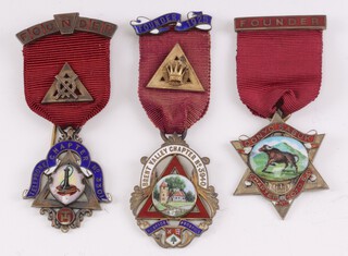 Three silver gilt and enamel Masonic Royal Arch chapter founders jewels - Forum Chapter no. 3537, St Clair Chapter no. 2902 and Emblematic no. 1321, 73 grams gross 