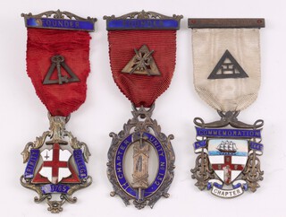 Three silver gilt and enamel Masonic Royal Arch chapter founders jewels - Sir Thomas White Chapter no. 1820, Homfray Chapter no. 1562 and Herschel Chapter no. 1894, 66 grams gross 