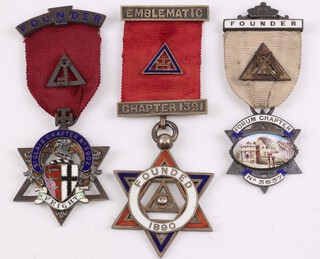 Three silver gilt and enamel Masonic Royal Arch chapter founders jewels - St Wendreda Chapter no. 3201, Thynne Chapter no. 1478 and Richmond Chapter no. 2032, 94 grams gross