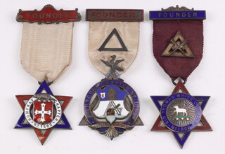 Three silver gilt and enamel Masonic Royal Arch chapter founders jewels - Sir Thomas White chapter no. 1820, Herschel chapter no. 1894 and Homfray chapter no. 1562, 65 grams gross  