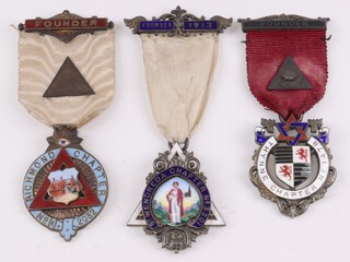 Three silver gilt and enamel Masonic Royal Arch chapter founders jewels - St Wendreda Chapter no. 3201, Thynne Chapter no. 1478 and Richmond Chapter no. 2032, 96 grams gross