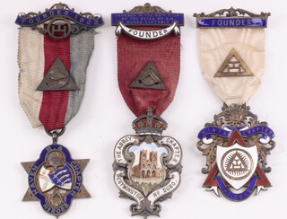 Three silver gilt and enamel Masonic Royal Arch chapter founders jewels - Westminster Abbey Chapter no. 2030, Kinta Chapter no. 3212 and Haven Chapter no. 2022, 89 grams gross 