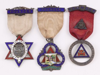 Three silver gilt and enamel Masonic Royal Arch chapter founders jewels - Antioch Chapter no. 3271, Drury Lane Chapter no. 2127 and Harlesden Chapter no. 2098, 59 grams gross