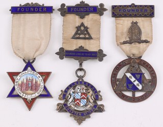 Three silver gilt and enamel Masonic Royal Arch chapter founders jewels - Wolsey Chapter no. 1656, Ixon no. 2501 and Skelmersdale Chapter no. 1658, 69 grams gross 