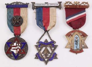 Three silver gilt and enamel Masonic Royal Arch consecrating officer's jewels - Vincent Chapter no. 3031, Jeanne D'arc Chapter no. 5 and Victoria Chapter no. 2848, 72 grams gross