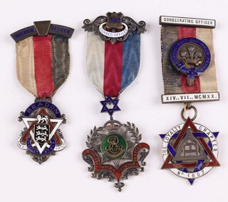 Three silver gilt and enamel Masonic Royal Arch consecrating officer's jewels - Middlesex Imperial Yeomanry Chapter no. 3013, Loyalty Chapter no. 1607 and Beadon Chapter no. 619, 89 grams gross 