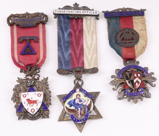Three silver gilt and enamel Masonic Royal Arch consecrating officer's jewels - St John Chapter no. 1039, Brondesbury Chapter no. 2698 and Bevan Chapter no. 2458, 82 grams gross 