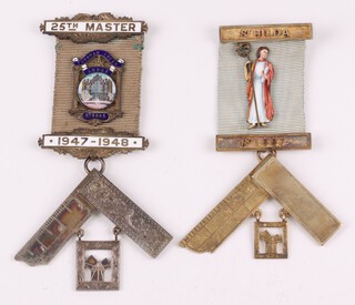 Two silver gilt and enamel Masonic past masters jewels - St Hilda Lodge no. 1887 and  Turnham Green Lodge no. 4445, 100 grams gross 