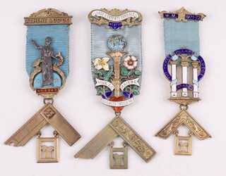 Three silver gilt and enamel Masonic past masters jewels - Lege L'Entente Cordial no. 2796, Athene Lodge no. 5349 and Three Pillars Lodge no. 4867, 123 grams gross 