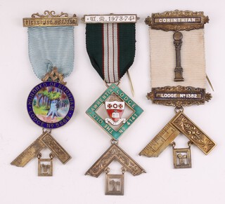 Three silver gilt and enamel Masonic past masters jewels - Hundred of Burnham Lodge no. 5568, Corinthian Lodge no. 1392 and The Old Lawrentian Lodge no. 4141, 110 grams gross 