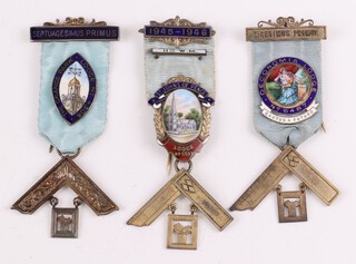 Three silver gilt and enamel Masonic past masters jewels - St John at Penge Lodge no. 5537 (chip to enamel), Oeconomia Lodge no. 5487 and The Grange Park Lodge no. 4306. 95 grams gross