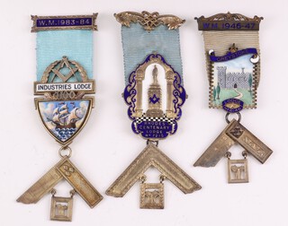 Three silver gilt and enamel Masonic past masters jewels - Industrious Lodge no. 4100, Rhodes Centenary Lodge no. 7215 and Greystoke Lodge no. 6146, 122 grams gross 