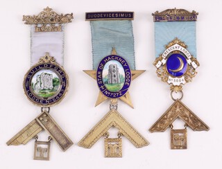 Three silver gilt and enamel Masonic past masters jewels - Guildford Lodge no. 5443, Star of Hackney Lodge no. 7272 and Crescent Lodge no. 5054, 108 grams gross 