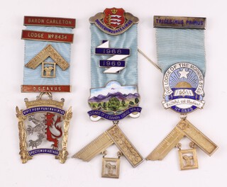 Three silver gilt and enamel Masonic past masters jewels - Baron Carleton Lodge no. 8434, Cedars of Lebanon Lodge no. 317 and The Lodge of The Morning Star no. 5428, 109 grams gross 