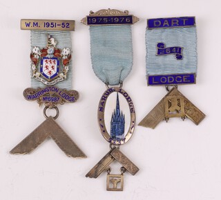 Three silver gilt and enamel Masonic past masters jewels - Warrington Lodge no. 6987, Dart Lodge no. 6441 and Sarum Lodge no. 1537, 60 grams gross 