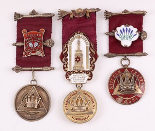 Three silver gilt and enamel Masonic Royal Arch chapter past Z's jewels - Mitcham Chapter no. 2384, Rhodes Chapter no. 7215 and Tableau Chapter no. 4875, 132 grams gross