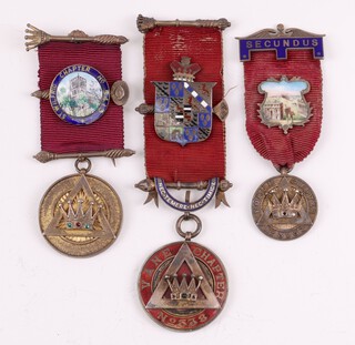 Three silver gilt and enamel Masonic Royal Arch chapter past Z's jewels - Vane Chapter no. 538, St Wilfreds Chapter no. 5413 and Forum Chapter no. 3537, 102 grams gross