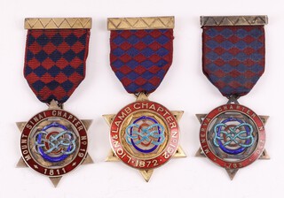 Three silver gilt and enamel Masonic Royal Arch chapter centenary jewels - Minerva Chapter no. 250, Lion and Lamb Chapter no. 192 and Mount Sinai Chapter no. 1812, 66 grams gross
