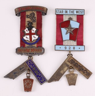 A silver and enamel Masonic Mark Master Masons past master jewel - Star of The West no. 928 and 1 other 85 grams gross, a gilt metal ditto Pickwick Lodge no. 997 and 1 other  (4)