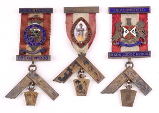 Three silver gilt and enamel Masonic Mark Master Masons past masters jewels - Beaconsfield Chapter no. 205, Savage Club Chapter no. 469 and Prince Leopold Chapter no. 238, gross weight 97 grams