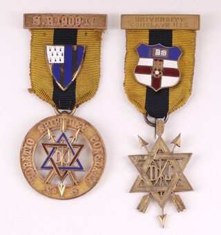 A silver gilt Masonic Order of The Secret Monitor silver second degree jewel marked University Conclave no. 2, 20 grams, together with a gilt metal and enamelled Past Supreme Rulers jewel - Horatio Shirley Conclave no. 5  (2)