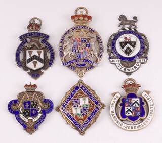 A 1916 silver gilt and enamel Royal Masonic Benevolent Institute charity jewel and 5 others (no ribbons), 88 grams gross  (6)