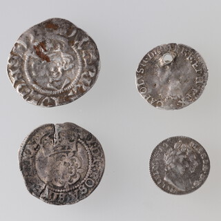 A James I second coinage (1604-1619) half groat S 2660, an Edward I Penny, a 1693 William and Mary Penny  S 3445 and a drilled Charles I Penny 

