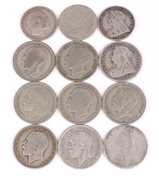 A collection of mainly George V silver half crowns (9) and 3 florins, 155g