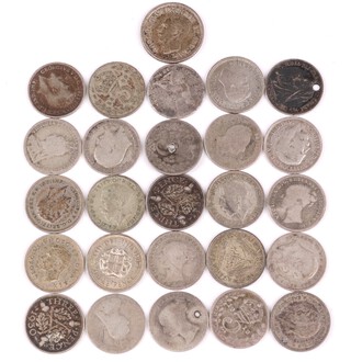 A collection of mainly Victorian through to George V pre 1947 silver threepence  pieces 38g